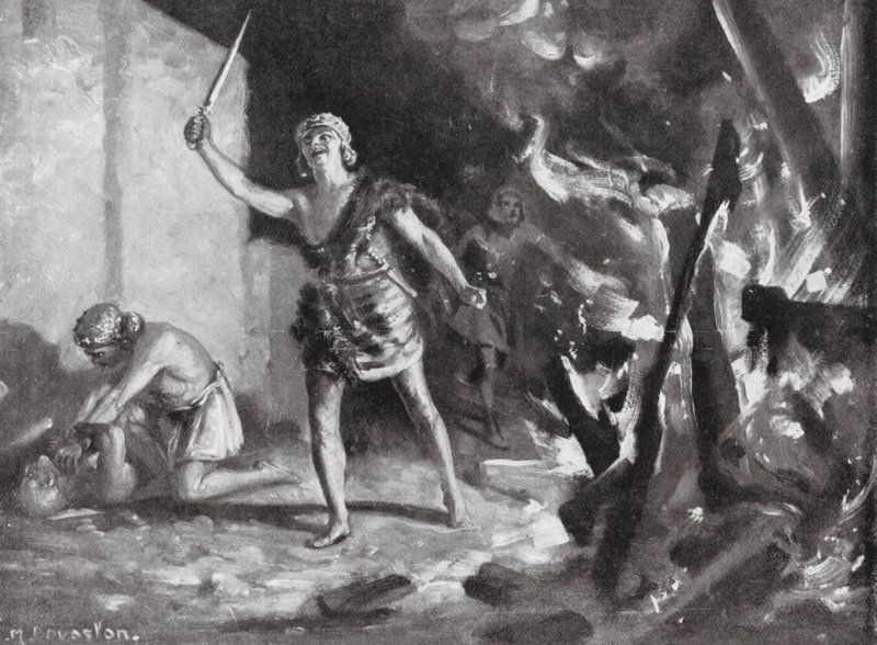 Elamieten verbranden en plunderen een Babylonisch dorp (litho) door Margaret (after) Dovaston