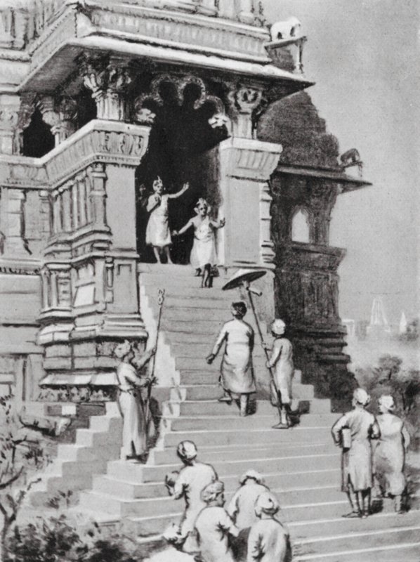 Kirtivarman Chandella bezoekt zijn tempel in Khajurahu, AD 1065 (litho) door Margaret (after) Dovaston