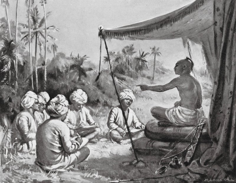 Kulottunga Chola instrueert zijn landmeters, AD 1086 (litho) door Margaret (after) Dovaston