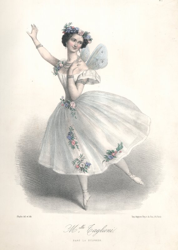 Italiaanse balletdanseres Marie Taglioni in het ballet Le Sylphide van haar vader Filippo Taglioni in de Opera van Parijs door Marie Alexandre (after) Alophe
