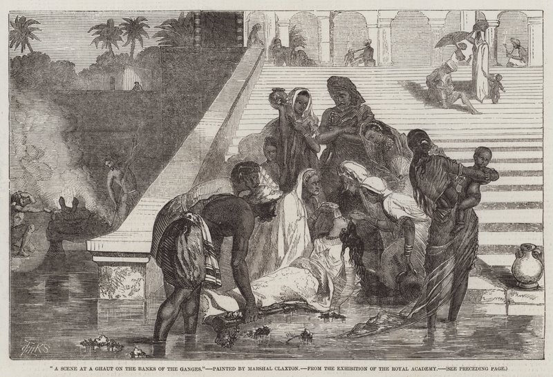 Een Scène bij een Ghat aan de Oevers van de Ganges, van de Tentoonstelling van de Koninklijke Academie door Marshall Claxton