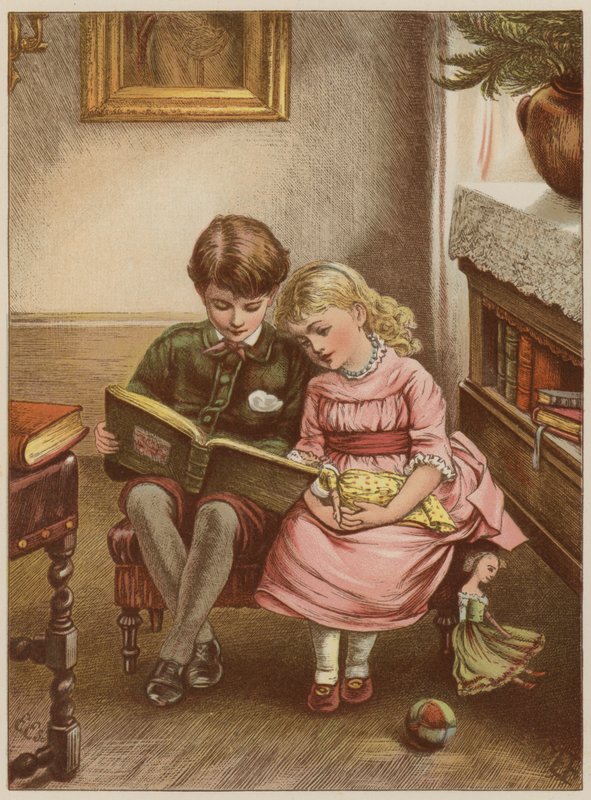 Jongen en meisje lezen boek door Mary Ellen Edwards