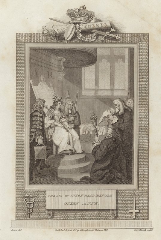 De Act of Union voorgelezen aan koningin Anne door Mather Brown