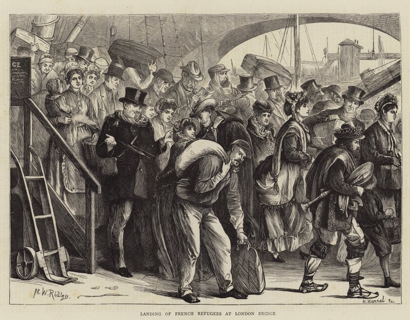Landing van Franse vluchtelingen bij London Bridge door Matthew White Ridley
