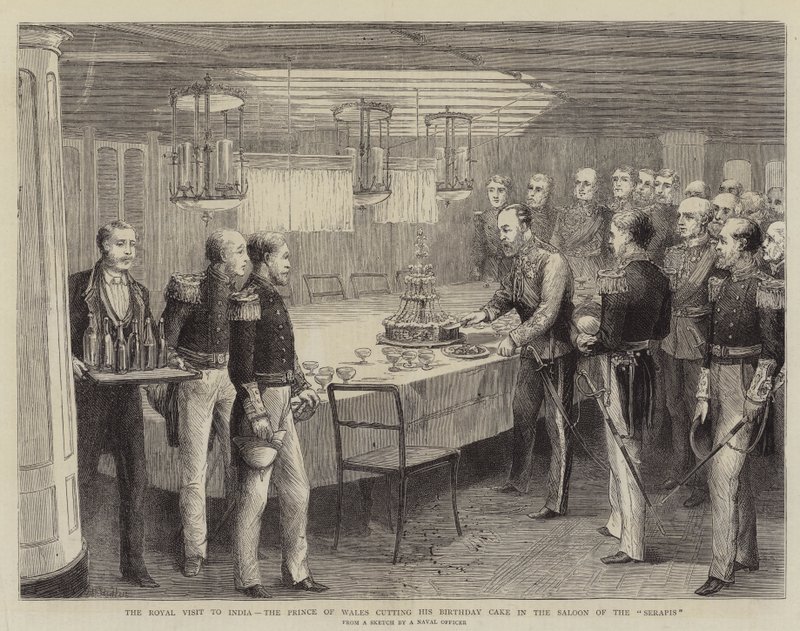 Het koninklijk bezoek aan India, de Prins van Wales snijdt zijn verjaardagstaart aan in de salon van de Serapis door Matthew White Ridley