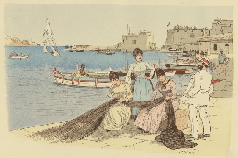 Een man die praat met een groep vrouwen die visnetten repareren in de stad Villefranche, Frankrijk door Maurice Charles Mathieu Bonvoisin
