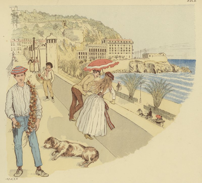 Een uienverkoper met zijn waren en mensen die genieten van het terras dat leidt naar de berg van de Rauba-Capeu, Nice door Maurice Charles Mathieu Bonvoisin