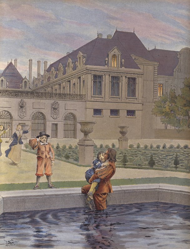 De val van de jonge Lodewijk XIV in het zwembad van het Palais-Royal door Maurice Leloir