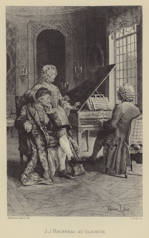 Jean-Jacques Rousseau aan het klavecimbel (gravure) door Maurice Leloir