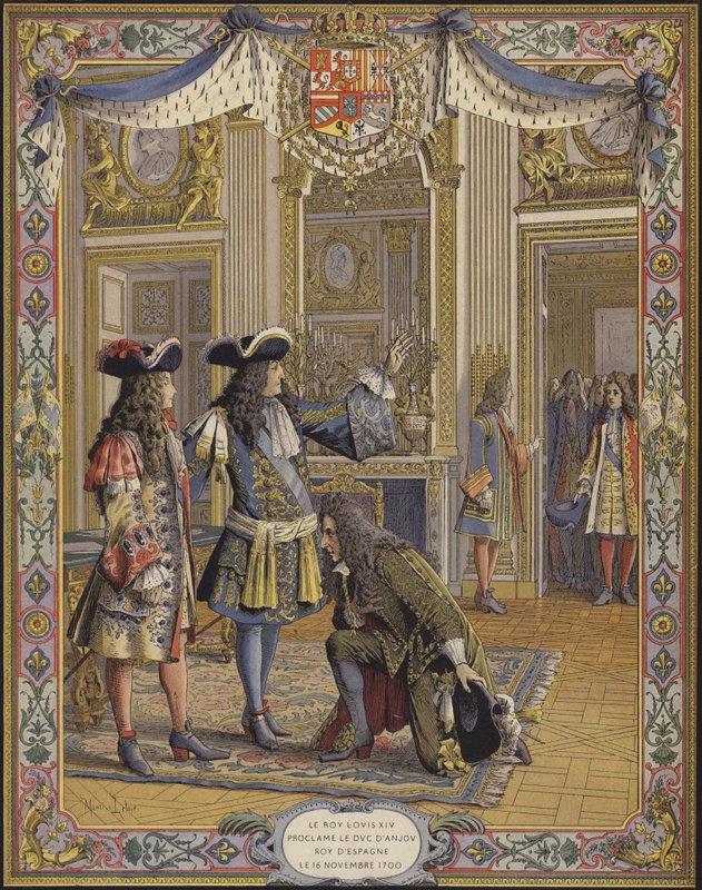 Koning Lodewijk XIV, hertog van Anjou, uitgeroepen tot koning van Spanje, ontvangt de eerbetuiging van zijn ambassadeur door Maurice Leloir
