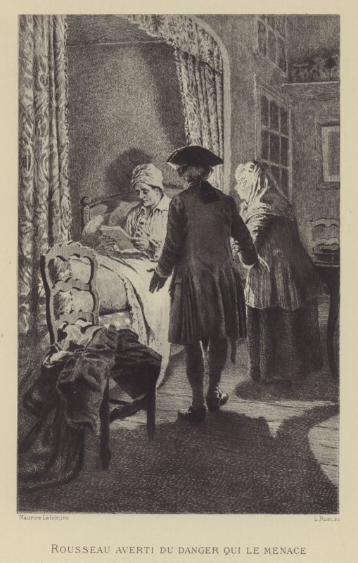 Rousseau gewaarschuwd voor het gevaar dat hem bedreigt (gravure) door Maurice Leloir