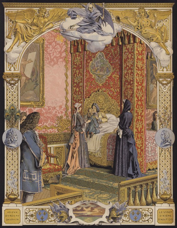 De stervende koning Lodewijk XIV omhelst de jonge Lodewijk XV voor de laatste keer door Maurice Leloir