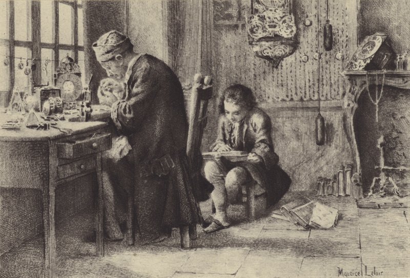 De jonge Jean-Jacques Rousseau lezend terwijl zijn vader werkt door Maurice Leloir