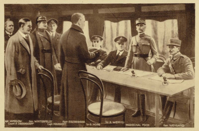 Bijeenkomst voor ondertekening van het Wapenstilstandsverdrag (litho) door Maurice Pillard Verneuil