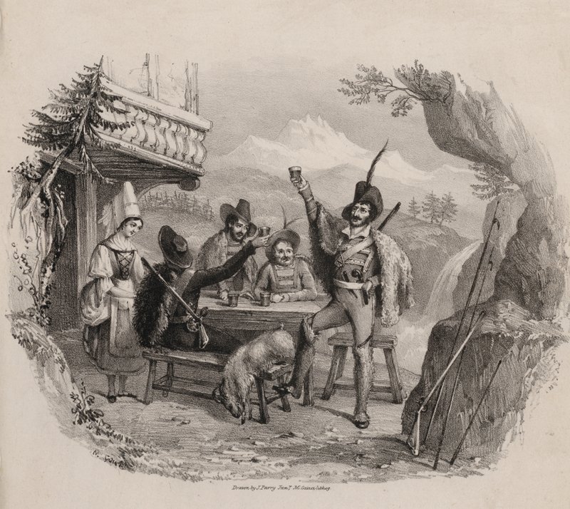 Jagers in de bergen genieten van een drankje in een taverne door Maxim Gauci