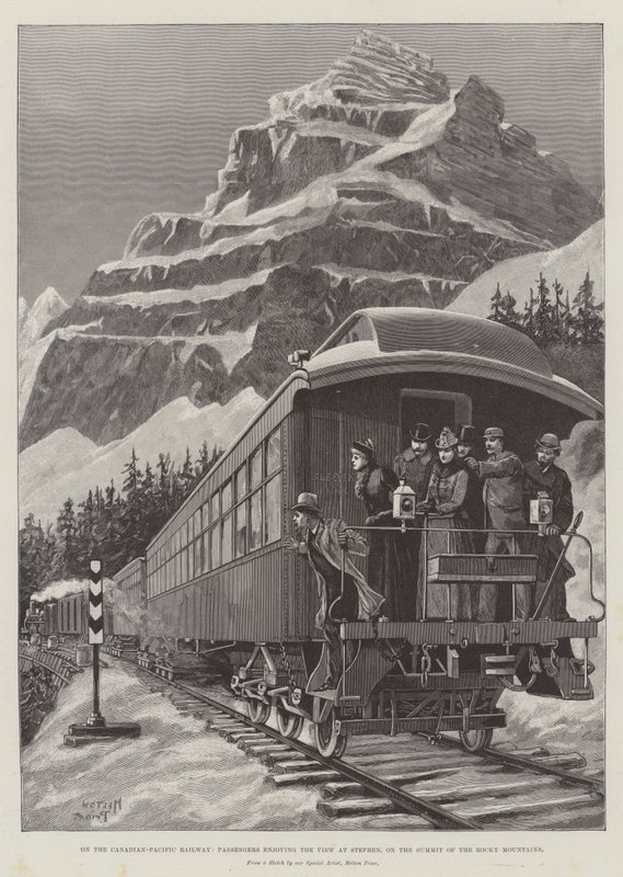 Op de Canadian-Pacific Railway, passagiers genieten van het uitzicht bij Stephen, op de top van de Rocky Mountains door Melton Prior
