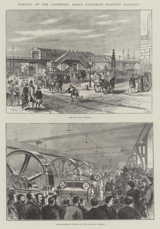 Opening van de Liverpool Docks bovengrondse elektrische spoorweg door Melton Prior