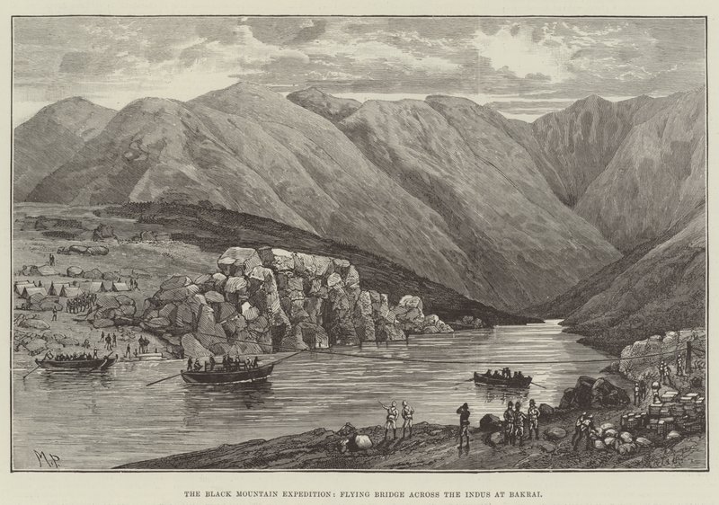 De Zwarte Berg Expeditie, vliegende brug over de Indus bij Bakrai door Melton Prior