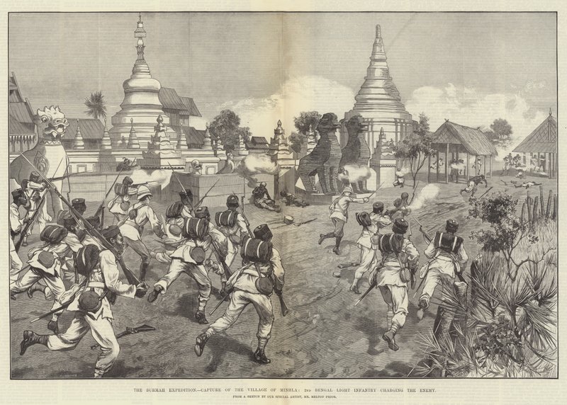 De Birma Expeditie, Verovering van het Dorp Minhla, 2e Bengal Light Infantry die de vijand aanvalt door Melton Prior