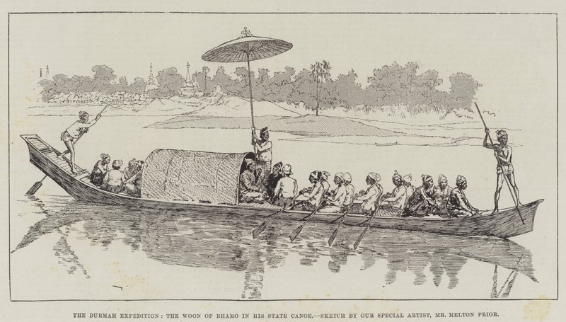 De Birma expeditie, de Woon van Bhamo in zijn staatskano door Melton Prior