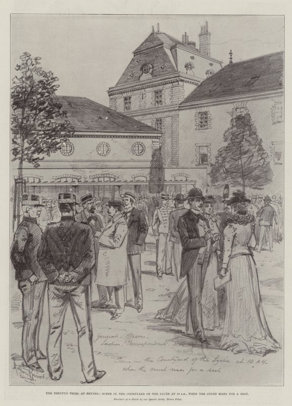 Het Dreyfus-proces in Rennes, scène op de binnenplaats van het Lyceum om 10 uur, wanneer de rechtbank pauzeert door Melton Prior