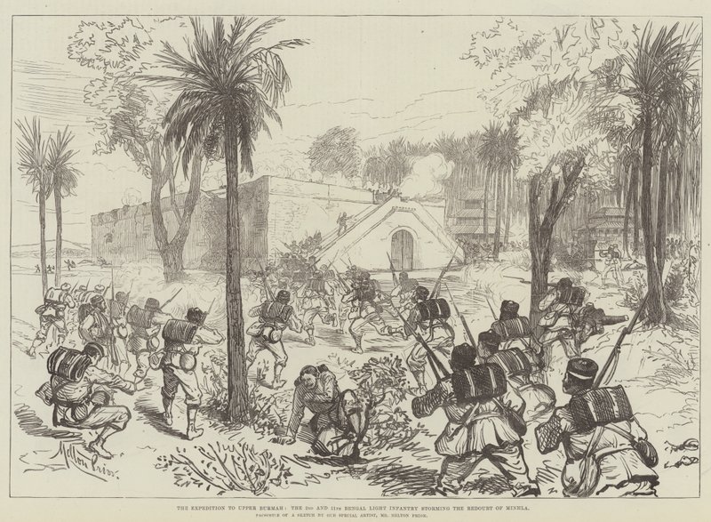De Expeditie naar Boven-Birma, de 2e en 11e Bengal Light Infantry bestormen de Redoute van Minhla door Melton Prior