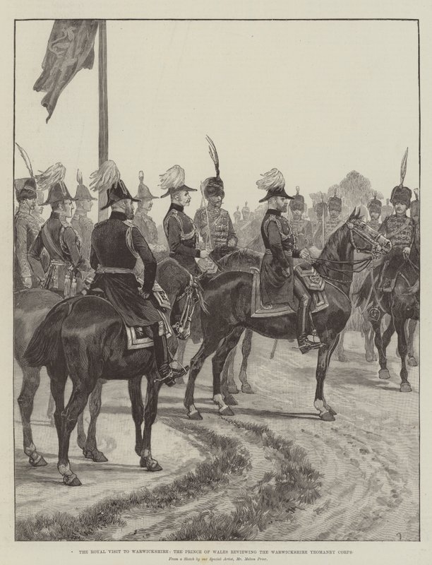 Het koninklijk bezoek aan Warwickshire, de Prins van Wales inspecteert het Warwickshire Yeomanry Corps door Melton Prior