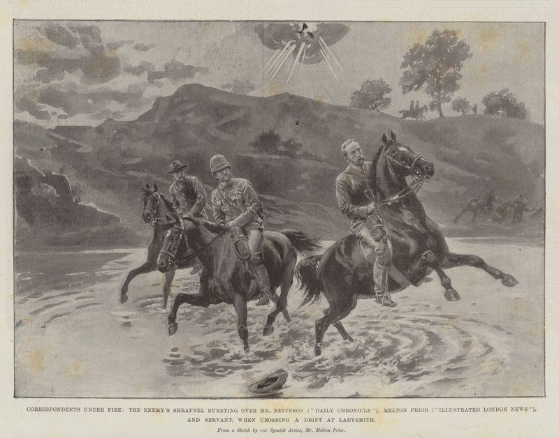 Correspondenten onder vuur, de vijandelijke granaat barst boven Mr Nevinson (Daily Chronicle), Melton Prior (Illustrated London News) en dienaar, bij het oversteken van een drift bij Ladysmith door Melton Prior