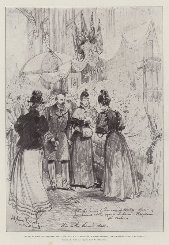 Het koninklijk bezoek aan Trentham Hall, de prins en prinses van Wales openen de Victoriaanse Bazaar in Fenton door Melton Prior