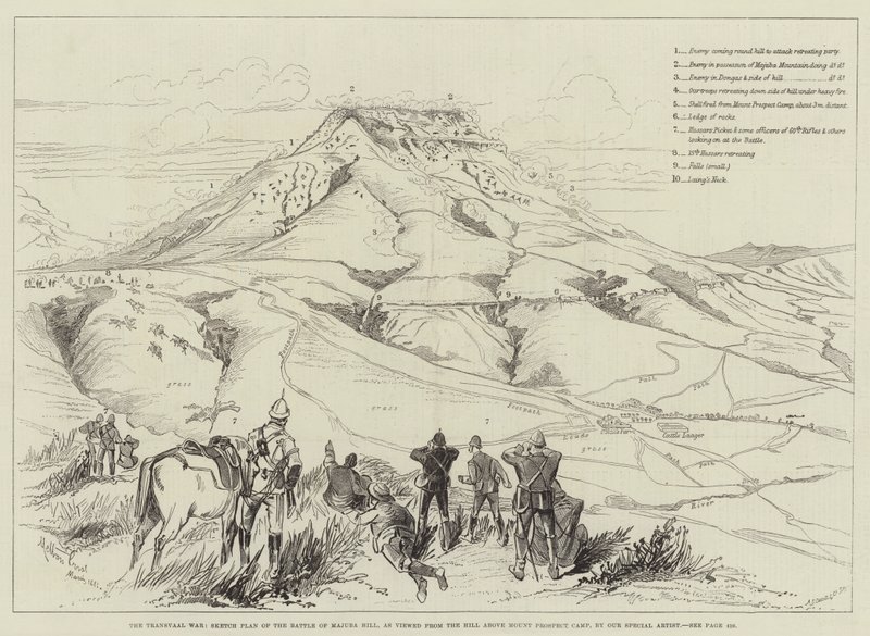 De Transvaaloorlog, schetsplan van de Slag bij Majuba Hill, gezien vanaf de heuvel boven Mount Prospect Camp door Melton Prior
