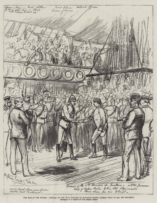 De Oorlog in de Soedan, Aankomst van de 10e Huzaren in Souakim, Bezoek van Baker Pasha aan zijn Oude Regiment door Melton Prior