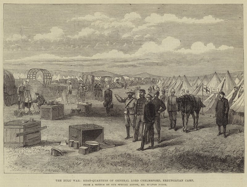 De Zoeloe-oorlog, hoofdkwartier van generaal Lord Chelmsford, Erzungayan-kamp door Melton Prior