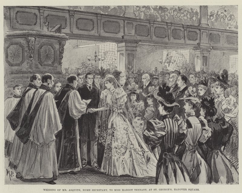 Huwelijk van de heer Asquith, minister van Binnenlandse Zaken, met juffrouw Margot Tennant, in St George