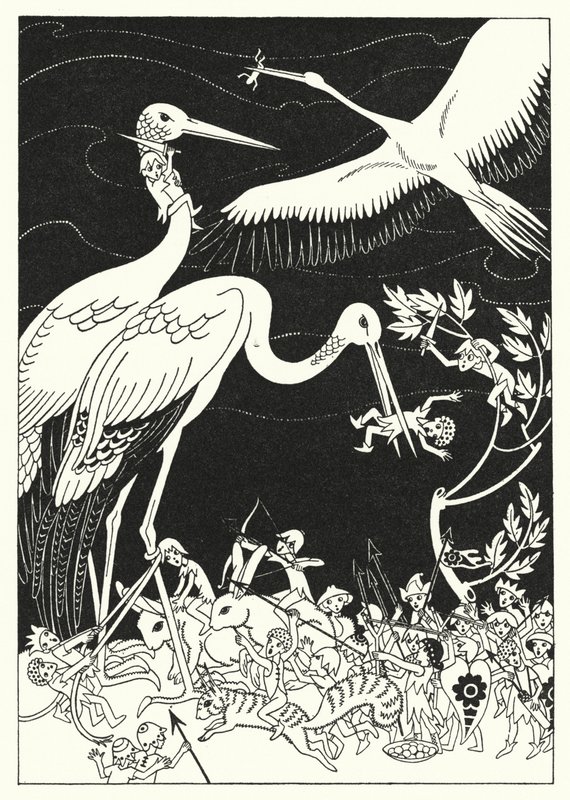 Sommige van de Pygmeeën kruiselings in hun Snavels (kleur litho) door Merlyn Mann
