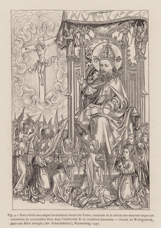 God onthult aan de engelen de toekomstige incarnatie van het Woord (gravure) door Michael (after) Wolgemut or Wolgemuth