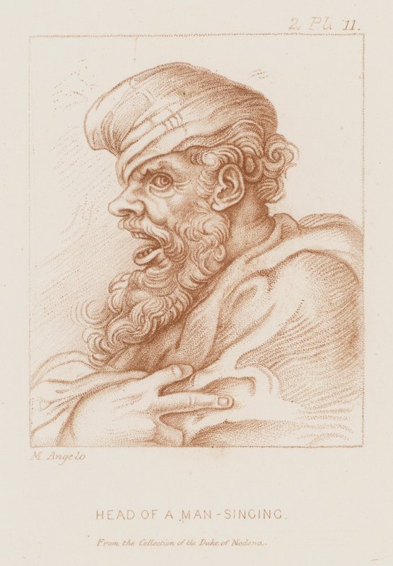Hoofd van een zingende man door Michelangelo (after) Buonarroti
