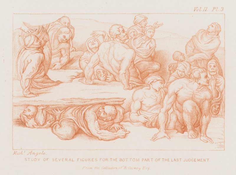 Studie van verschillende figuren voor het onderste deel van Het Laatste Oordeel door Michelangelo (after) Buonarroti