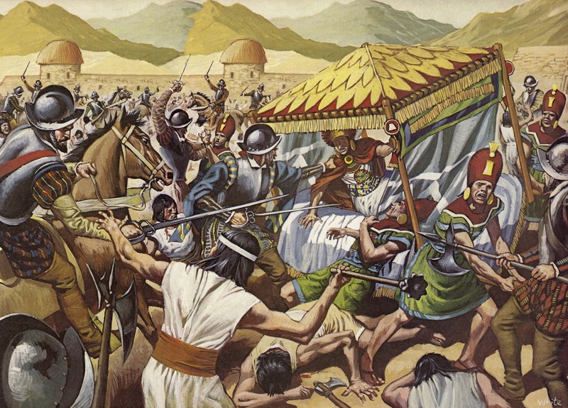 Spanjaarden werpen het Incarijk van Peru omver. (kleurenlitho) door Mike (20th century) White
