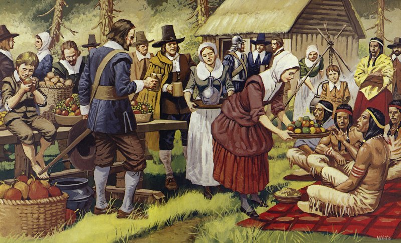 De eerste Thanksgiving in 1621, een jaar nadat de Pilgrim Fathers de Oude Wereld hadden verlaten (kleurenlitho) door Mike (20th century) White