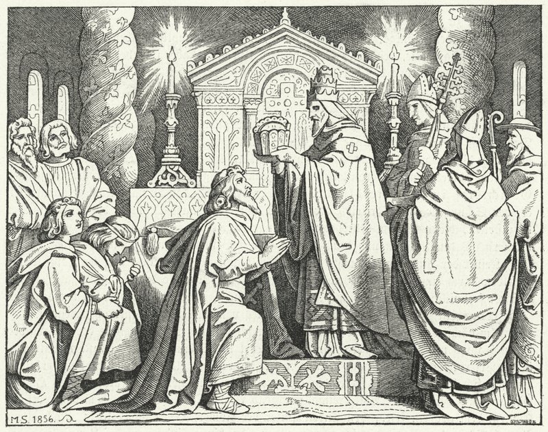 Kroning van Karel de Grote als Heilige Roomse Keizer, 800 (gravure) door Moritz Ludwig von Schwind