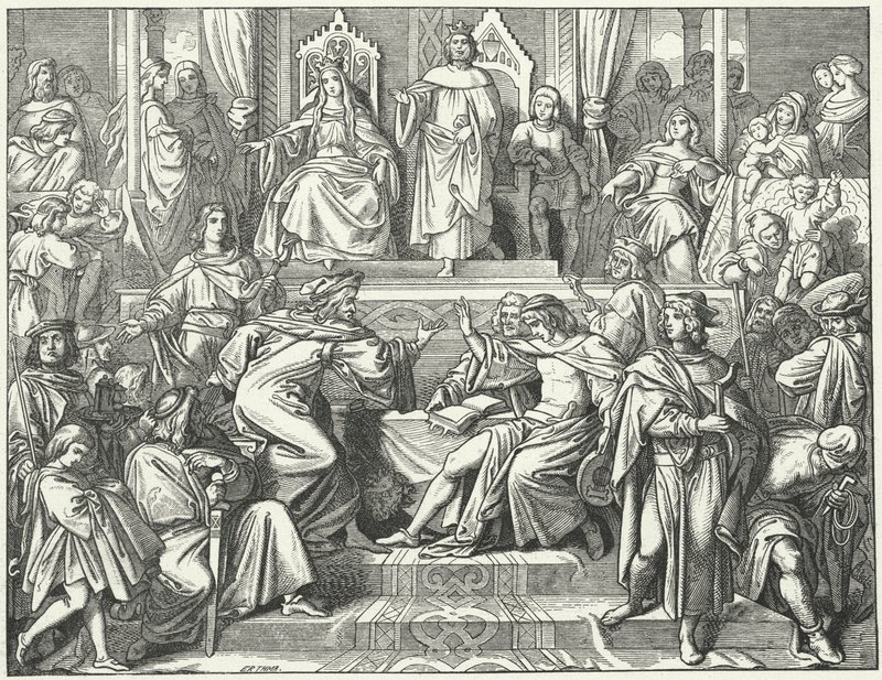 De Sangerkrieg, een wedstrijd tussen minstrelen op het Wartburg kasteel in Thüringen in 1207 (gravure) door Moritz Ludwig von Schwind