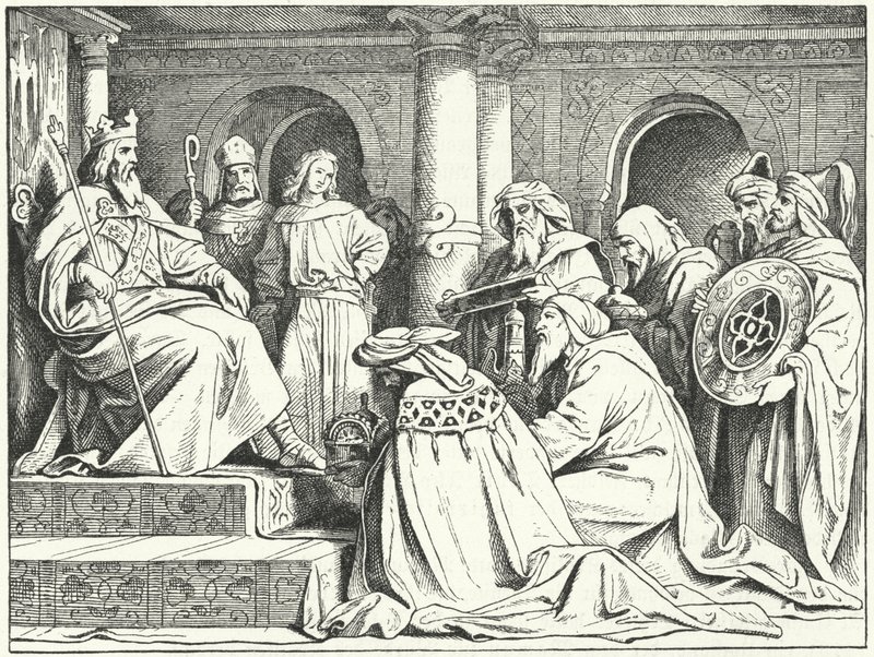 De gezanten van kalief Harun al-Rashid brengen geschenken aan keizer Karel de Grote, 802 door Moritz Ludwig von Schwind