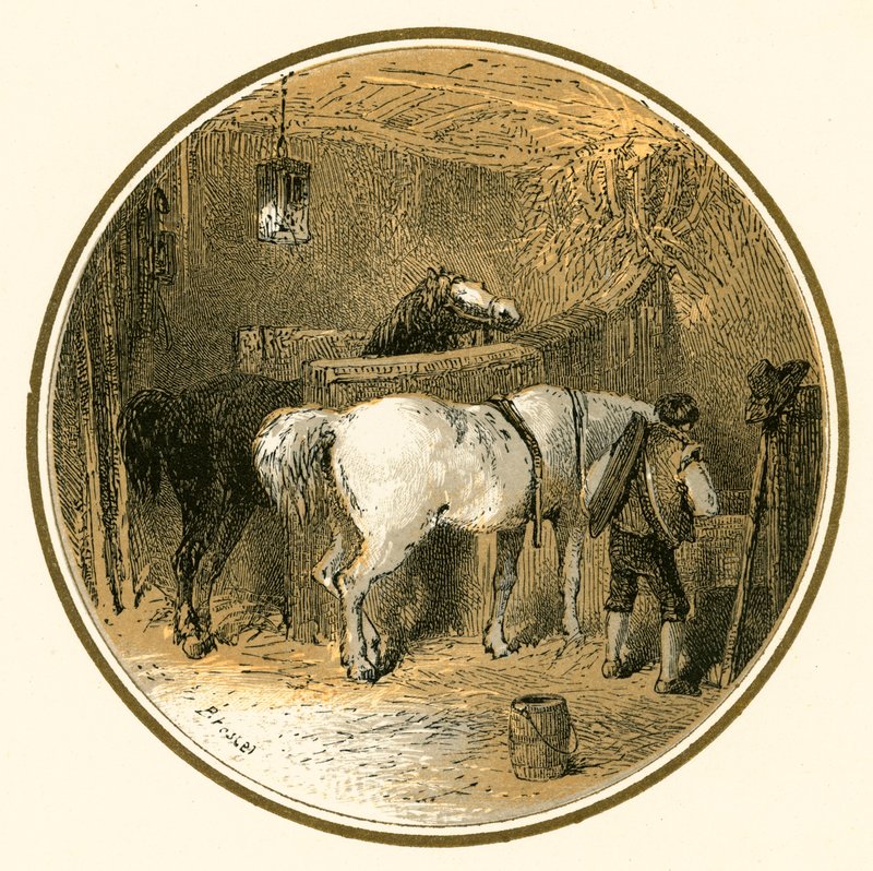 Paarden in de stal door Myles Birket Foster