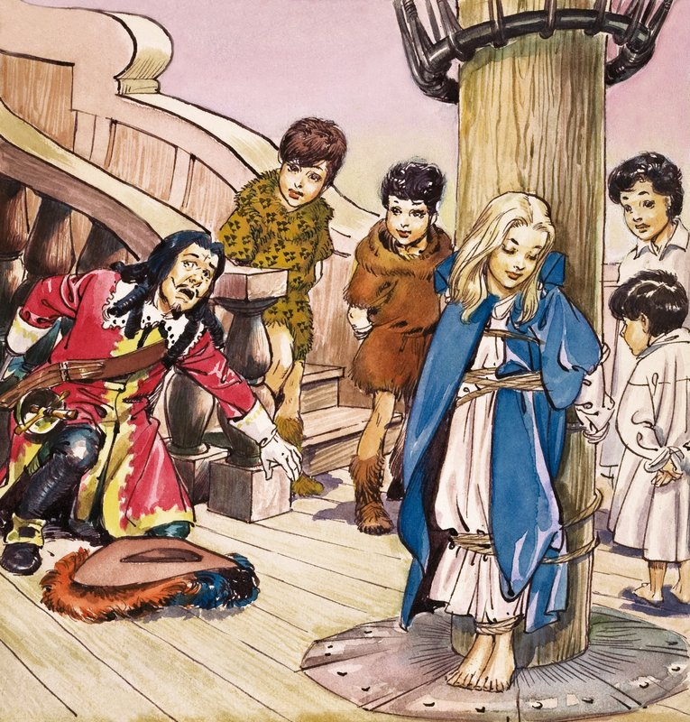 Wendy vastgebonden aan de mast, illustratie uit 