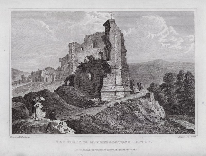 De Ruïnes van Knaresborough Castle door Nathaniel (after) Whittock