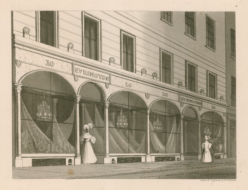 Winkelgevel voor Messrs Everington, India sjaal magazijn, 10 Ludgate Street, Londen door Nathaniel Whittock
