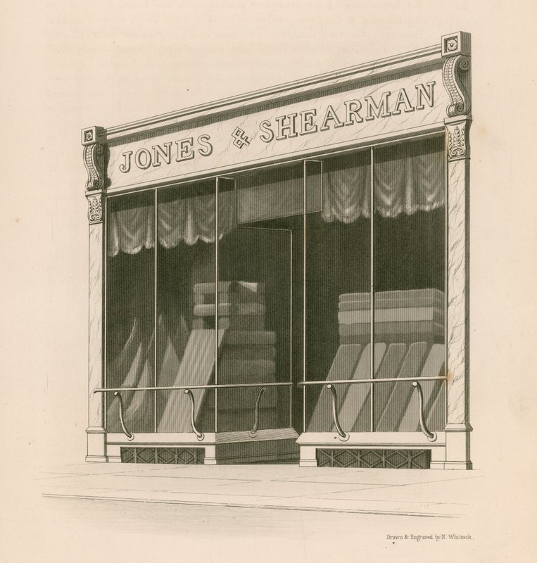 Winkelgevel van Messrs Jones en Shearman, Blackfriars Road, Londen door Nathaniel Whittock