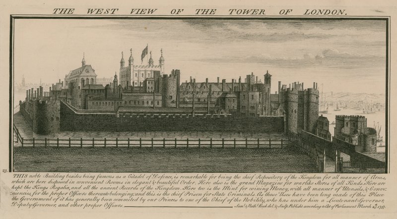 Het westelijke uitzicht van de Tower of London door Nathaniel and Samuel Buck