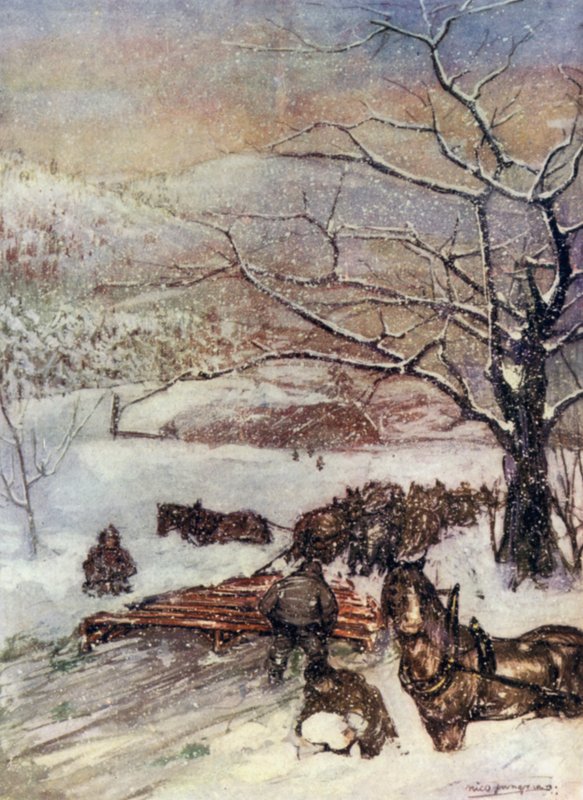 Noorwegen: Sneeuwploeg getrokken door acht of tien paarden door Nico Jungman
