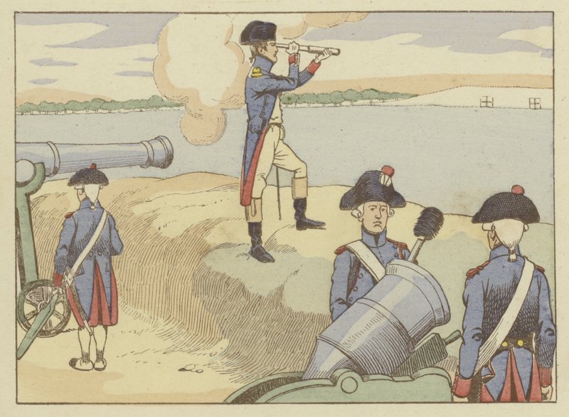 Als luitenant in Valence in 1785, keek Napoleon naar artillerie-oefeningen door Onfray de Breville Job